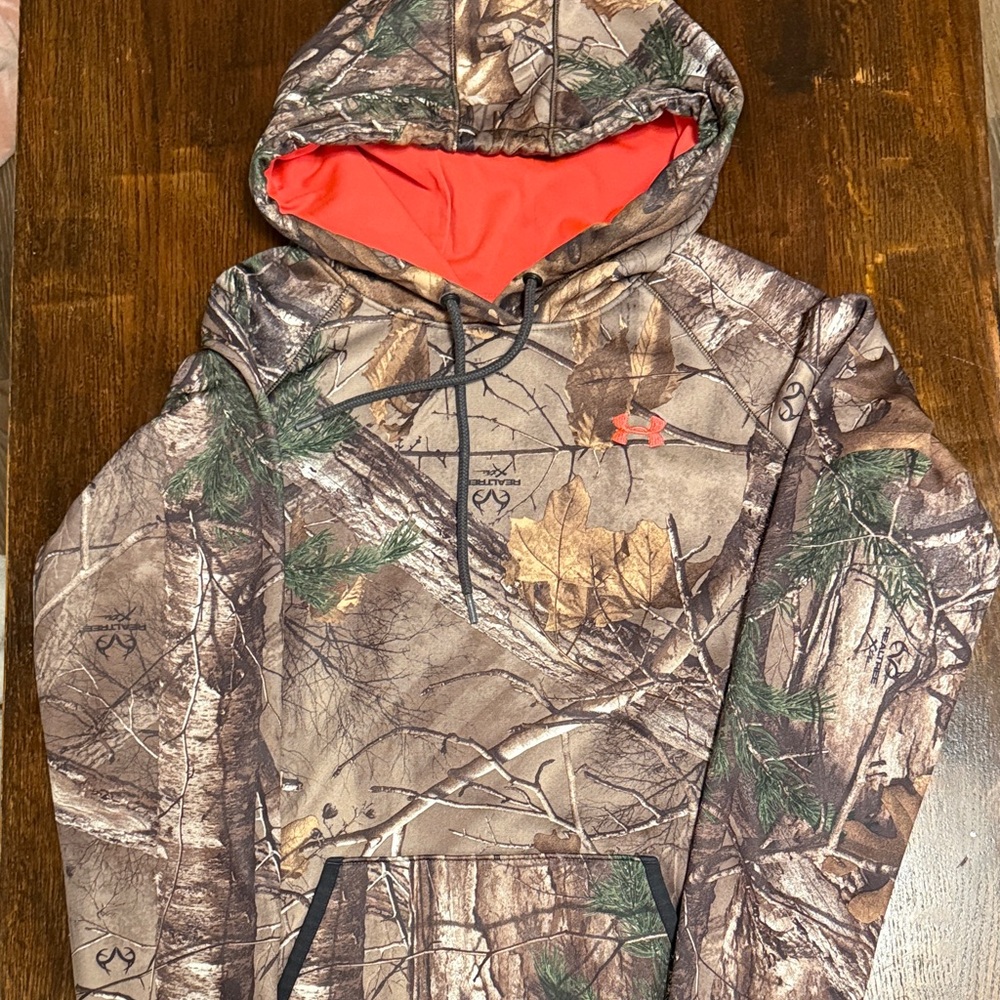 Under Armour Storm Woodland Camo Hoodie with orange/pink Interior